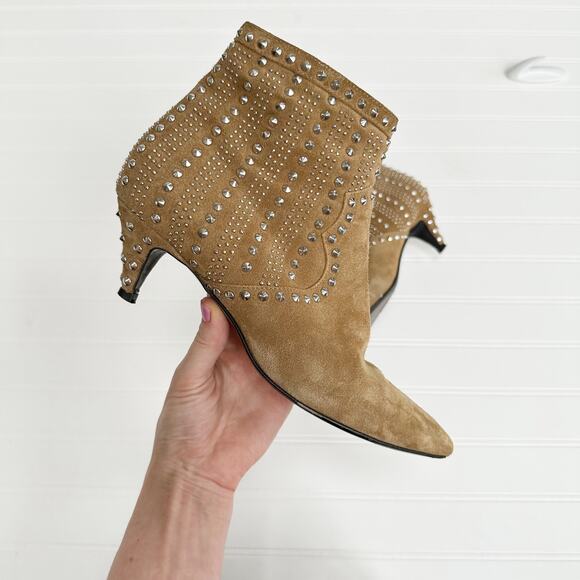 Saint Laurent Cat Ankle Bootie 50 Tan Suede Studded Heels Western Kitten - Picture 3 of 14